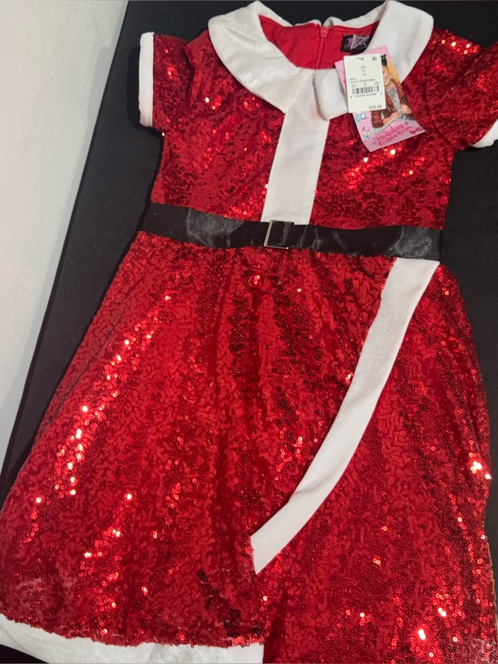 Girls Red Sequin Holiday Dress with White Trim